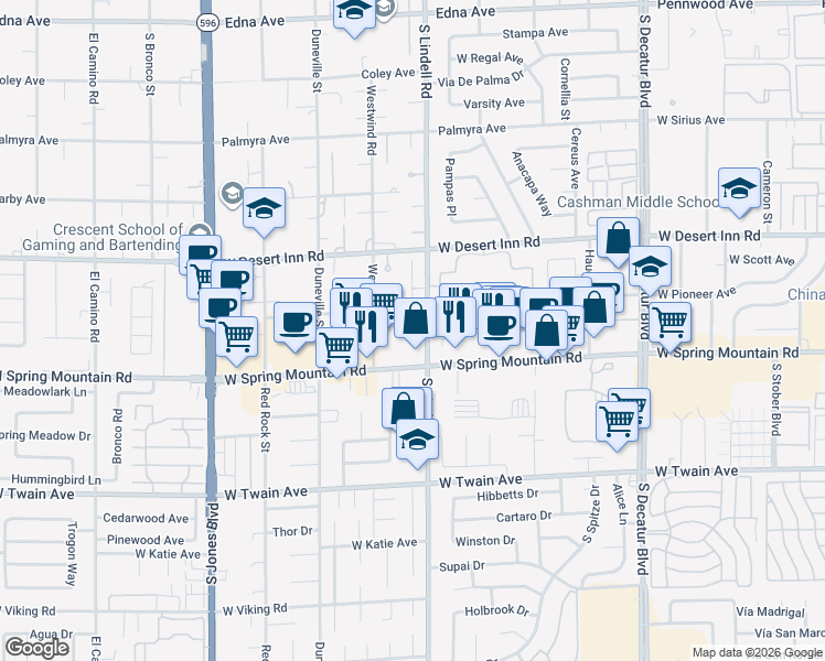 map of restaurants, bars, coffee shops, grocery stores, and more near 3416 Tiara Point Circle in Las Vegas