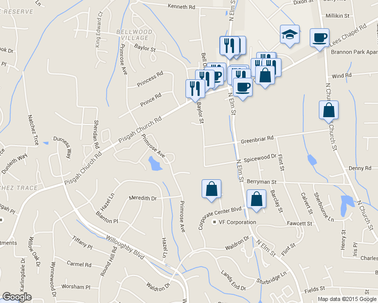 map of restaurants, bars, coffee shops, grocery stores, and more near 3807 Baylor Street in Greensboro
