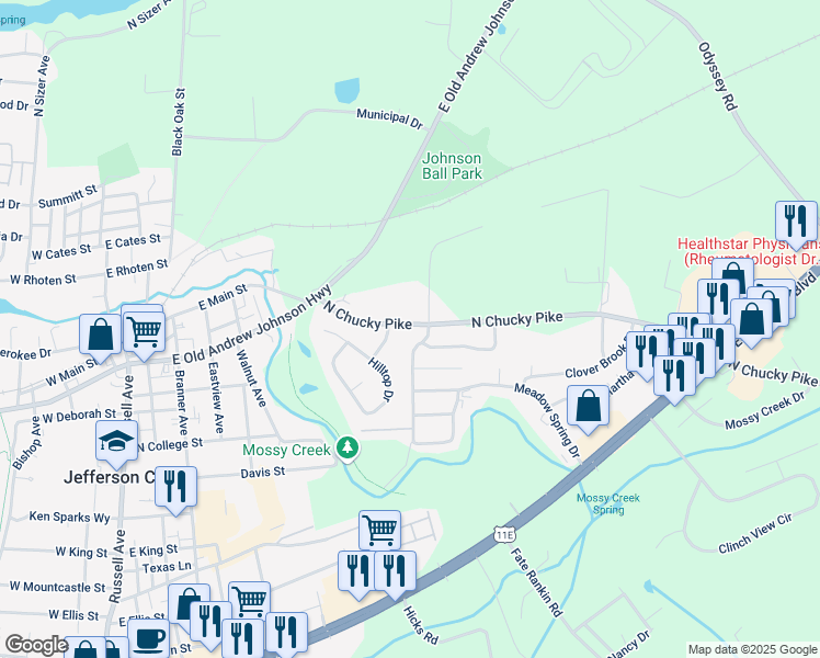 map of restaurants, bars, coffee shops, grocery stores, and more near 1249 North Chucky Pike in Jefferson City
