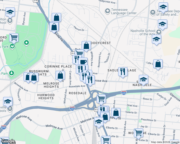 map of restaurants, bars, coffee shops, grocery stores, and more near 2126 Whitney Avenue in Nashville