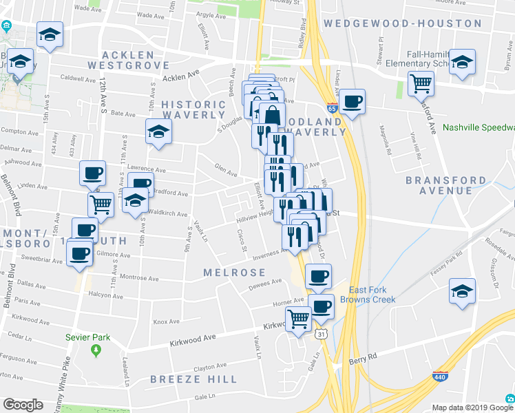map of restaurants, bars, coffee shops, grocery stores, and more near 2310 Elliott Avenue in Nashville