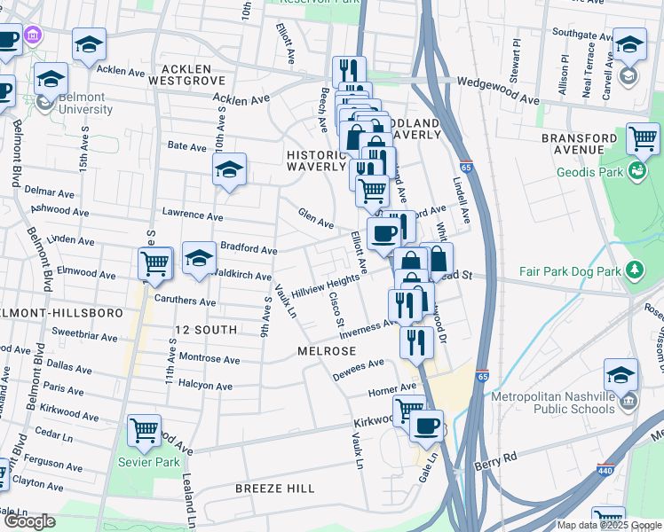 map of restaurants, bars, coffee shops, grocery stores, and more near 2214 Knowles Avenue in Nashville
