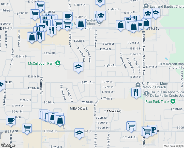 map of restaurants, bars, coffee shops, grocery stores, and more near 11904 East 25th Street in Tulsa