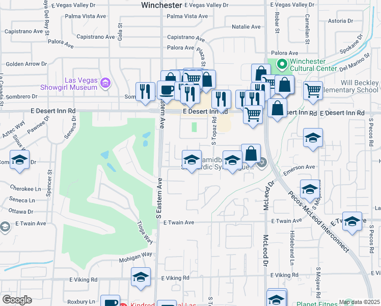 map of restaurants, bars, coffee shops, grocery stores, and more near 3448 Manzano Circle in Las Vegas