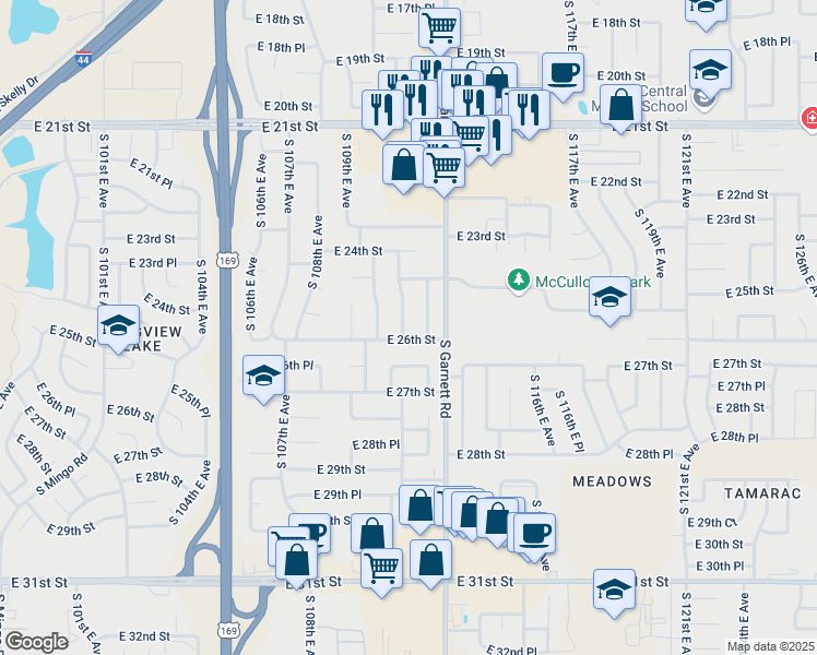 map of restaurants, bars, coffee shops, grocery stores, and more near 2545 South 111th East Avenue in Tulsa