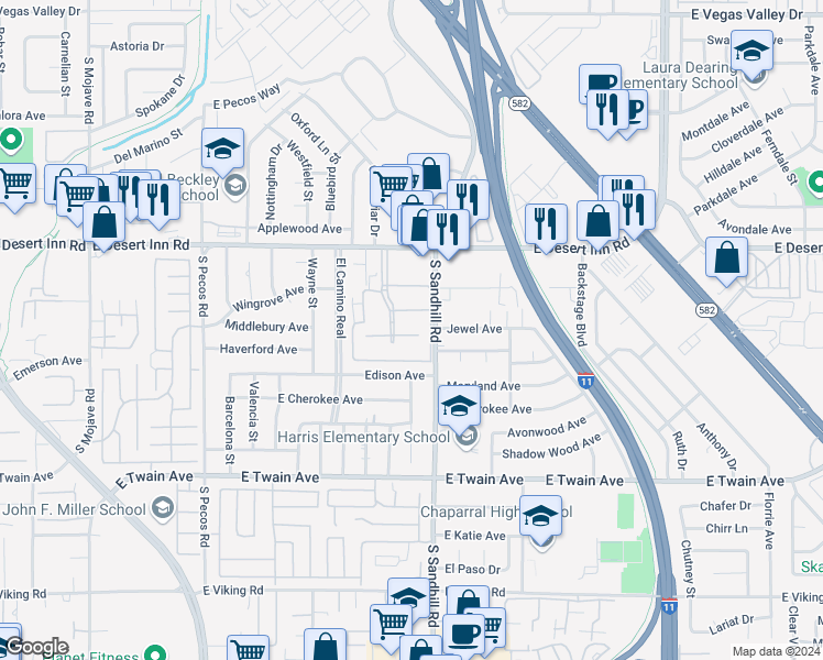 map of restaurants, bars, coffee shops, grocery stores, and more near 3450 Monte Carlo Drive in Las Vegas