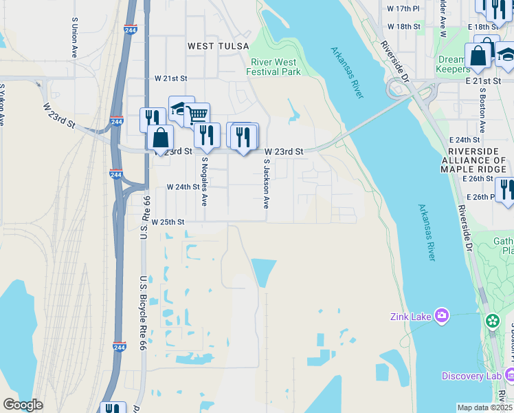 map of restaurants, bars, coffee shops, grocery stores, and more near 709 West 25th Street in Tulsa