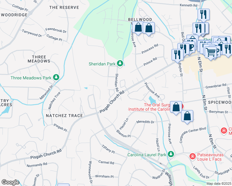 map of restaurants, bars, coffee shops, grocery stores, and more near 42 Ackland Drive in Greensboro