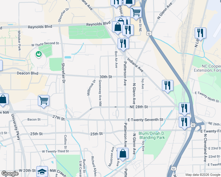 map of restaurants, bars, coffee shops, grocery stores, and more near 2921 Gilmer Avenue Northeast in Winston-Salem