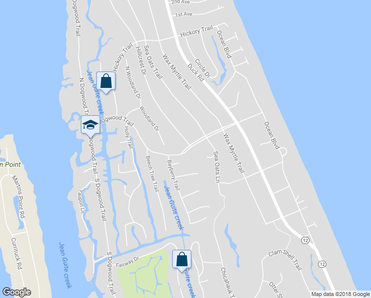 map of restaurants, bars, coffee shops, grocery stores, and more near 46 East Dogwood Trail in Kitty Hawk