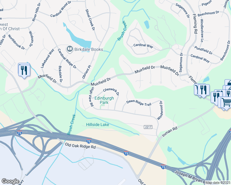map of restaurants, bars, coffee shops, grocery stores, and more near 3217 Cheswick Drive in Greensboro