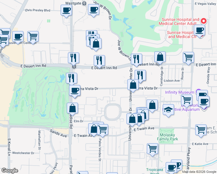 map of restaurants, bars, coffee shops, grocery stores, and more near 560 Sierra Vista Drive in Las Vegas