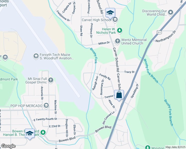 map of restaurants, bars, coffee shops, grocery stores, and more near 2725 Drewry Lane in Winston-Salem
