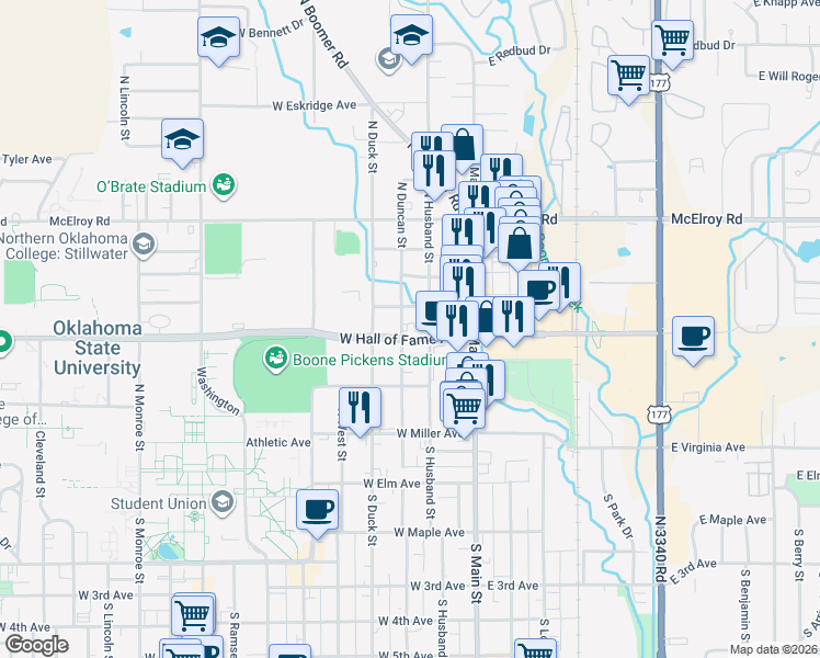 map of restaurants, bars, coffee shops, grocery stores, and more near 406-512 N3330 Road in Stillwater