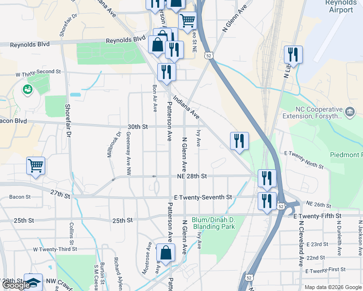map of restaurants, bars, coffee shops, grocery stores, and more near 2918 Glenn Avenue Northeast in Winston-Salem