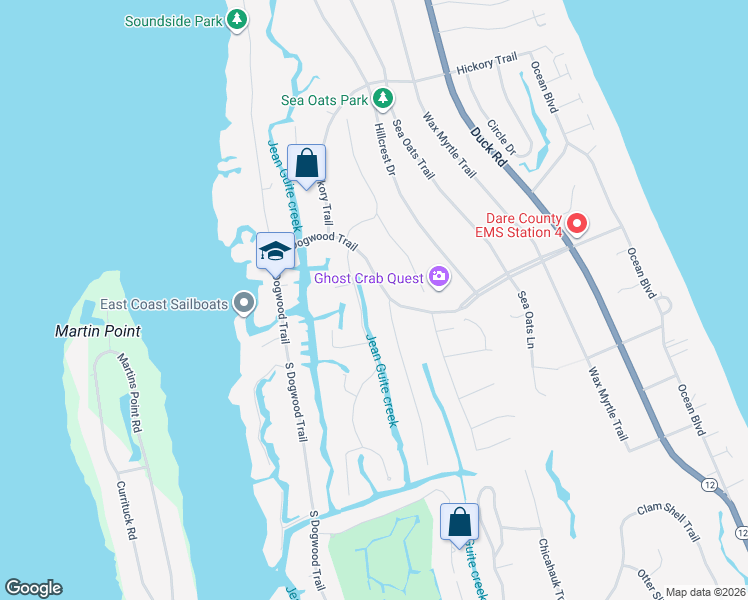 map of restaurants, bars, coffee shops, grocery stores, and more near 61-63 East Dogwood Trail in Southern Shores