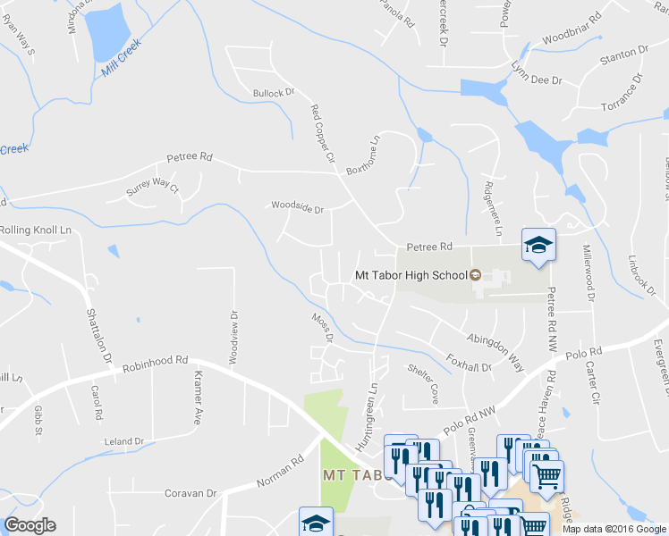 map of restaurants, bars, coffee shops, grocery stores, and more near 3961 Valley Court in Winston-Salem