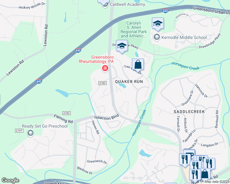 map of restaurants, bars, coffee shops, grocery stores, and more near 17 Saint Christopher Square in Greensboro