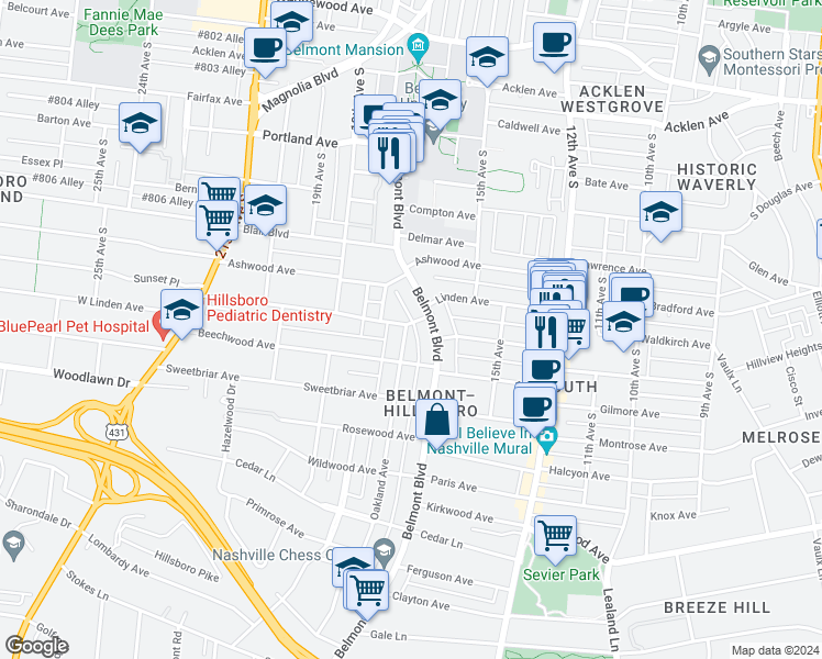 map of restaurants, bars, coffee shops, grocery stores, and more near 2400 Oakland Avenue in Nashville
