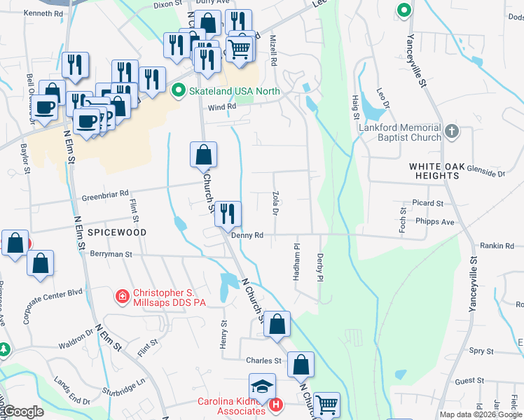 map of restaurants, bars, coffee shops, grocery stores, and more near 2611 Nana Lane in Greensboro