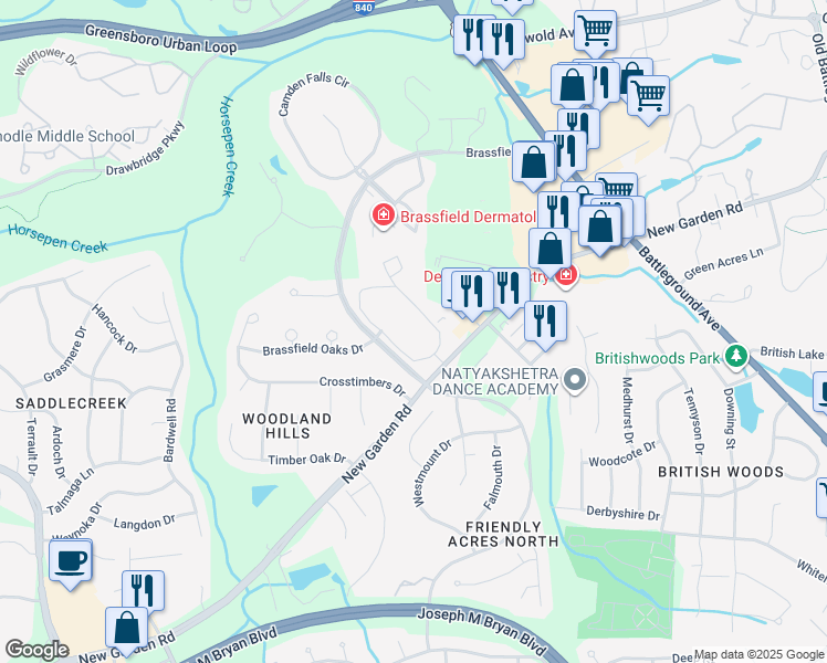 map of restaurants, bars, coffee shops, grocery stores, and more near 1921 New Garden Road in Greensboro