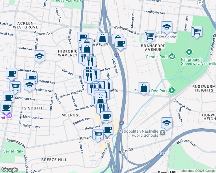 map of restaurants, bars, coffee shops, grocery stores, and more near 2331 White Avenue in Nashville