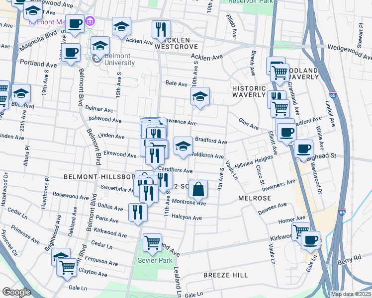 map of restaurants, bars, coffee shops, grocery stores, and more near 2218C 11th Avenue South in Nashville