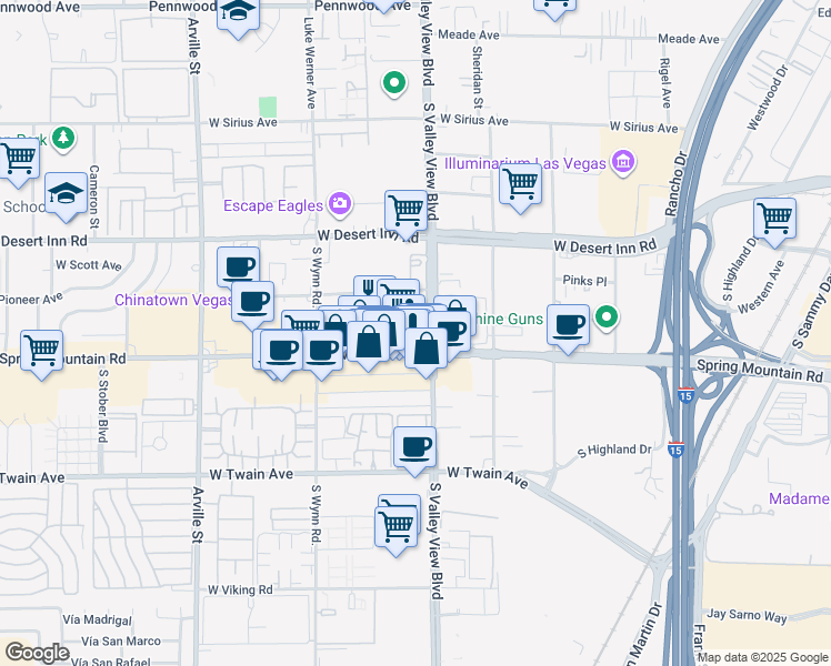 map of restaurants, bars, coffee shops, grocery stores, and more near 3810 Spring Mountain Road in Las Vegas