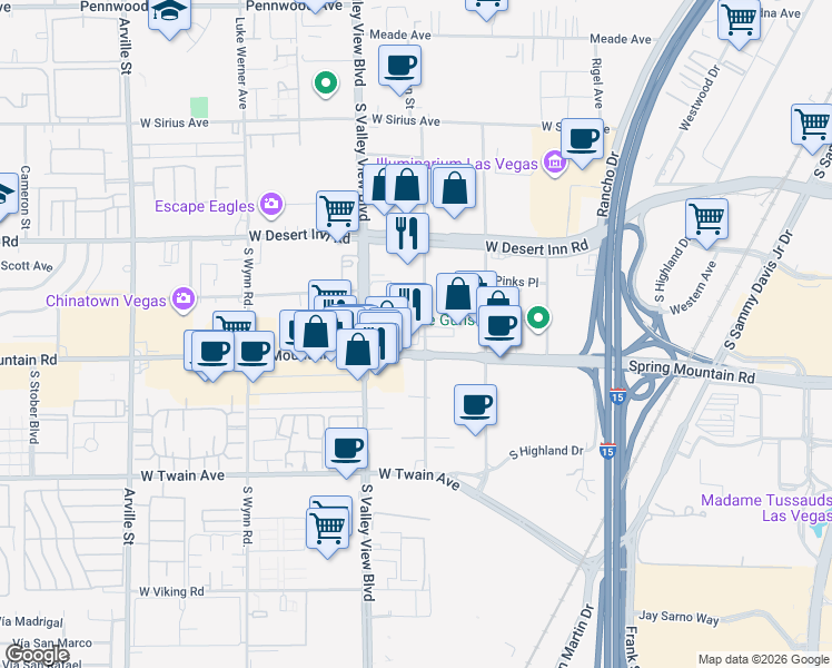 map of restaurants, bars, coffee shops, grocery stores, and more near 3437 Procyon Street in Las Vegas