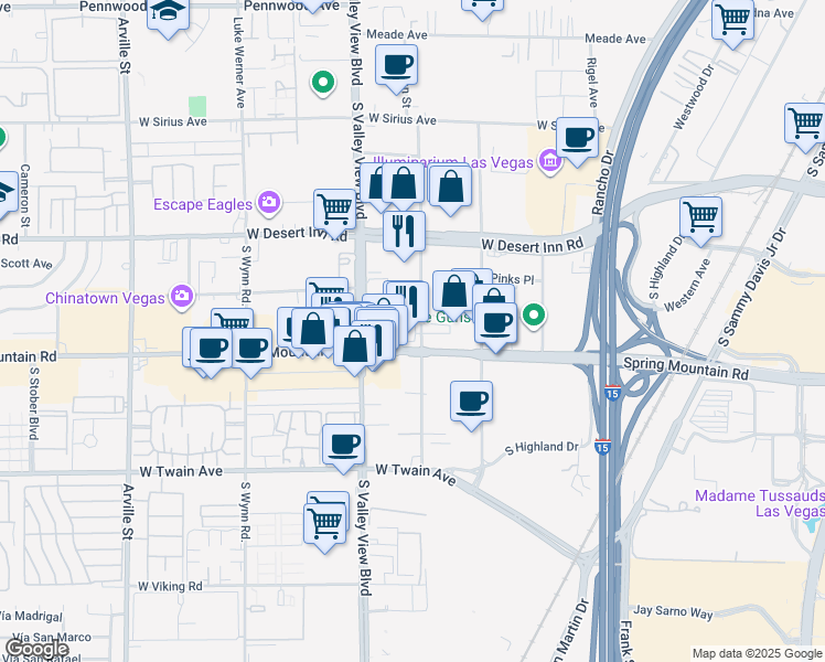 map of restaurants, bars, coffee shops, grocery stores, and more near 3437 Procyon Street in Las Vegas