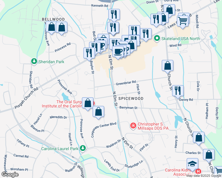 map of restaurants, bars, coffee shops, grocery stores, and more near in Greensboro