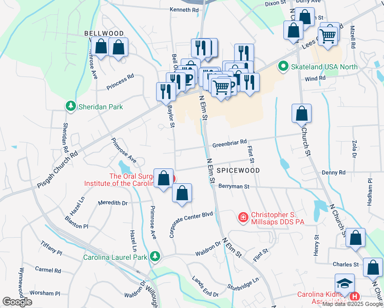 map of restaurants, bars, coffee shops, grocery stores, and more near 509 Greenbriar Road in Greensboro