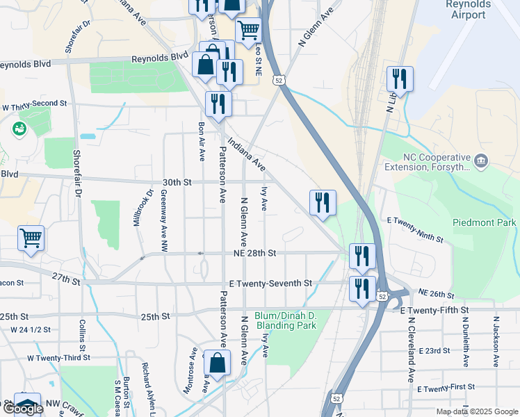 map of restaurants, bars, coffee shops, grocery stores, and more near 2918 Ivy Avenue in Winston-Salem