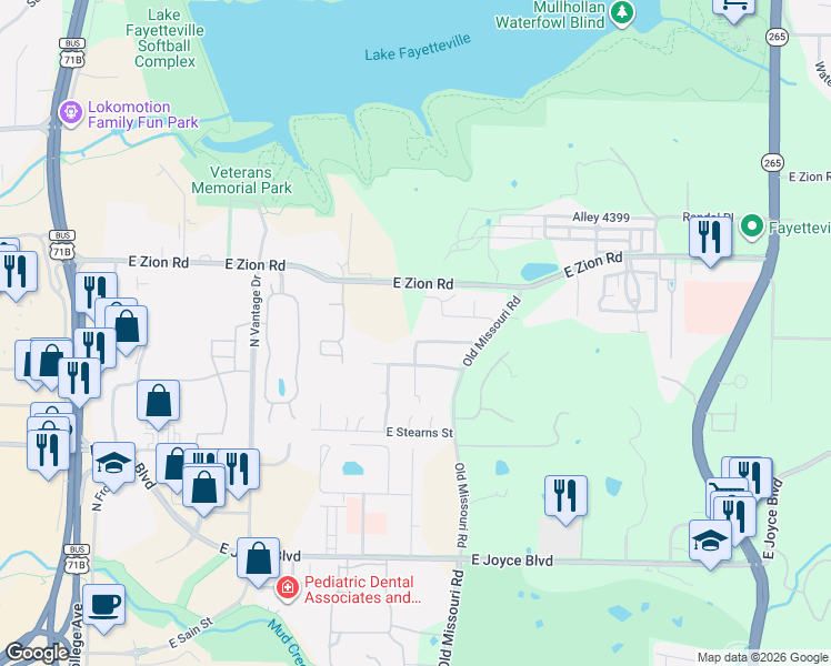 map of restaurants, bars, coffee shops, grocery stores, and more near 2147 East Cinnamon Way in Fayetteville