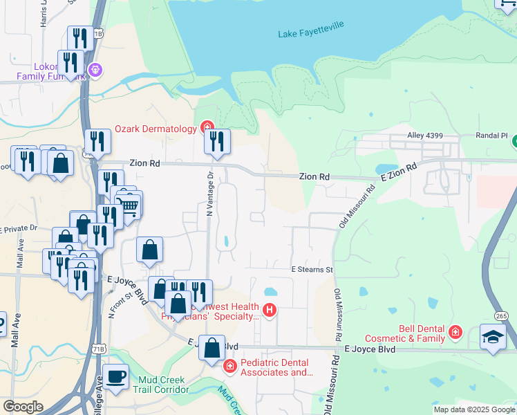 map of restaurants, bars, coffee shops, grocery stores, and more near 1743 East Zion Road in Fayetteville
