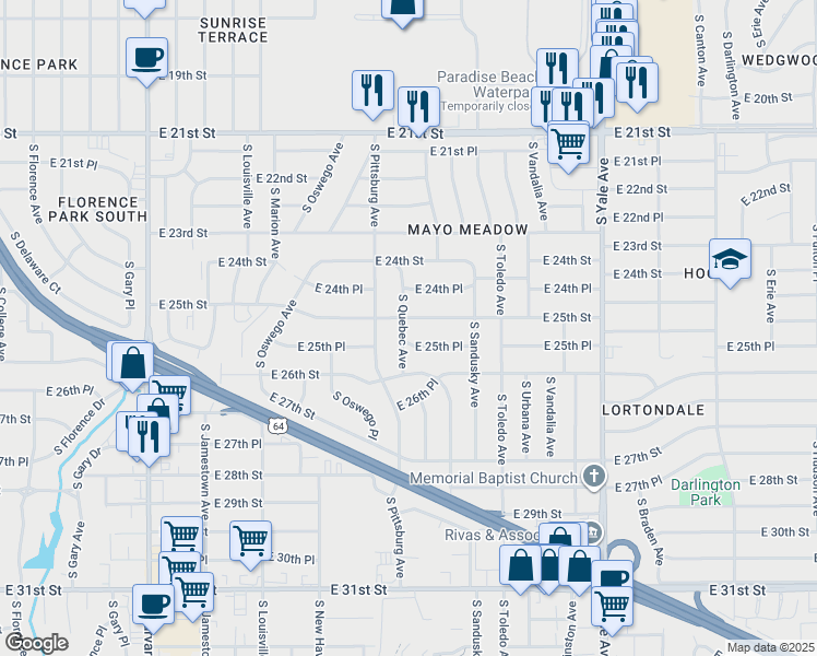 map of restaurants, bars, coffee shops, grocery stores, and more near 4217 East 25th Street in Tulsa