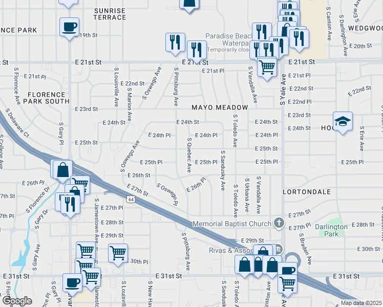map of restaurants, bars, coffee shops, grocery stores, and more near 4217 East 25th Street in Tulsa