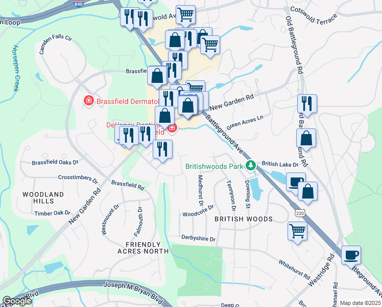 map of restaurants, bars, coffee shops, grocery stores, and more near 2128 New Garden Road in Greensboro