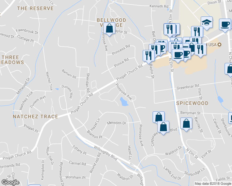 map of restaurants, bars, coffee shops, grocery stores, and more near 78 Park Village Lane in Greensboro