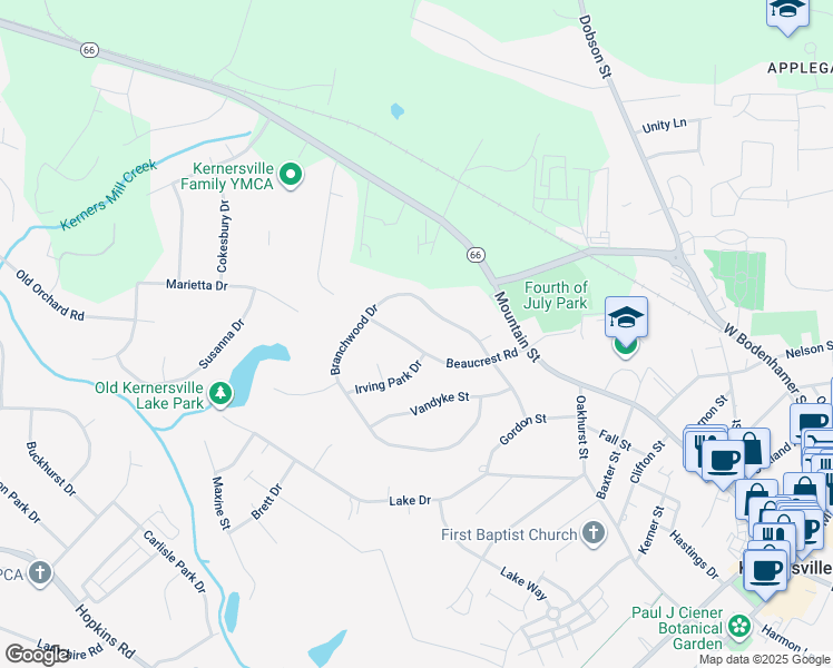 map of restaurants, bars, coffee shops, grocery stores, and more near 222 Beaucrest Road in Kernersville
