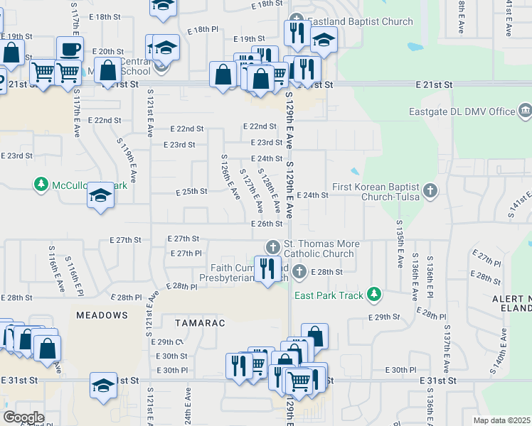 map of restaurants, bars, coffee shops, grocery stores, and more near 2471 South 127th East Avenue in Tulsa