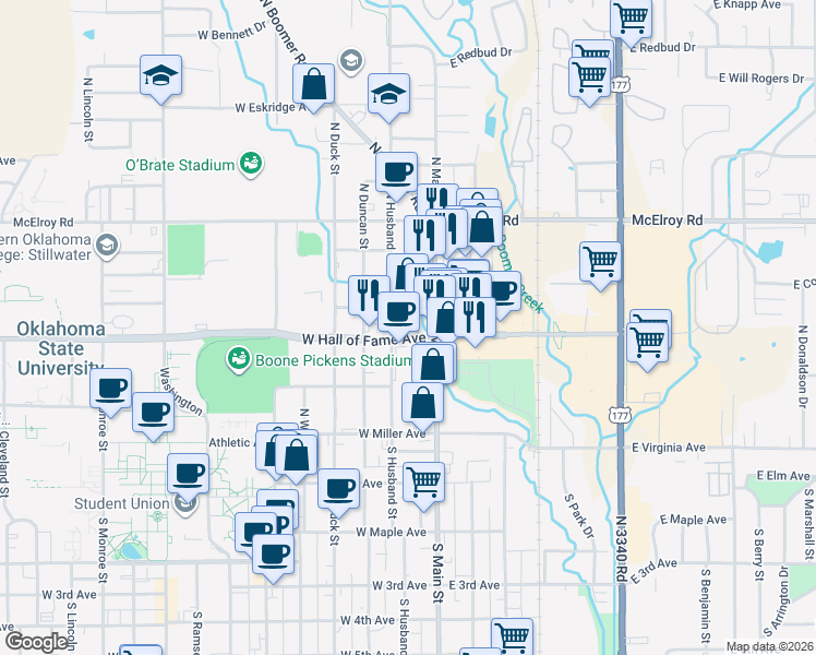 map of restaurants, bars, coffee shops, grocery stores, and more near 406-512 N3330 Road in Stillwater