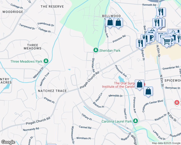 map of restaurants, bars, coffee shops, grocery stores, and more near 39 Ackland Drive in Greensboro