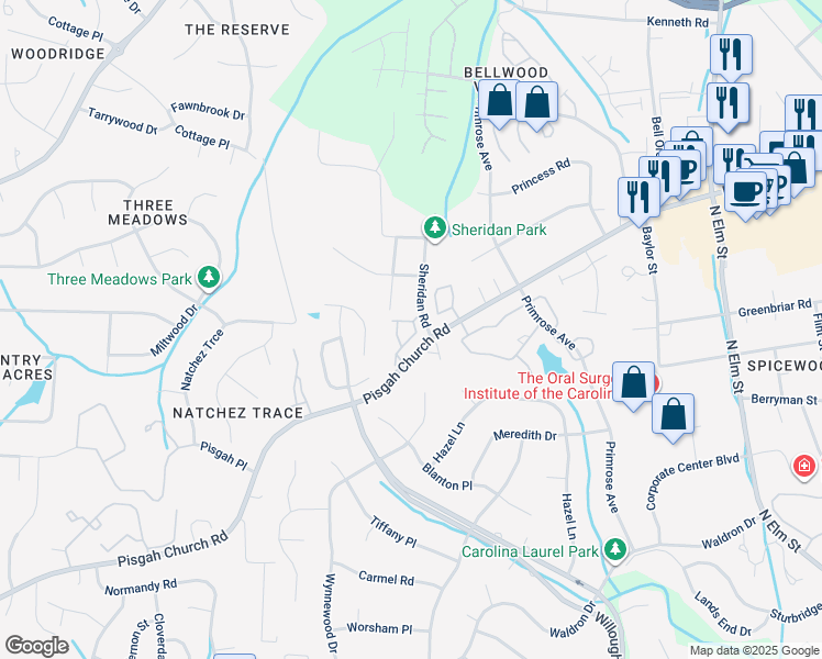 map of restaurants, bars, coffee shops, grocery stores, and more near 170 Wesley Harris Circle in Greensboro