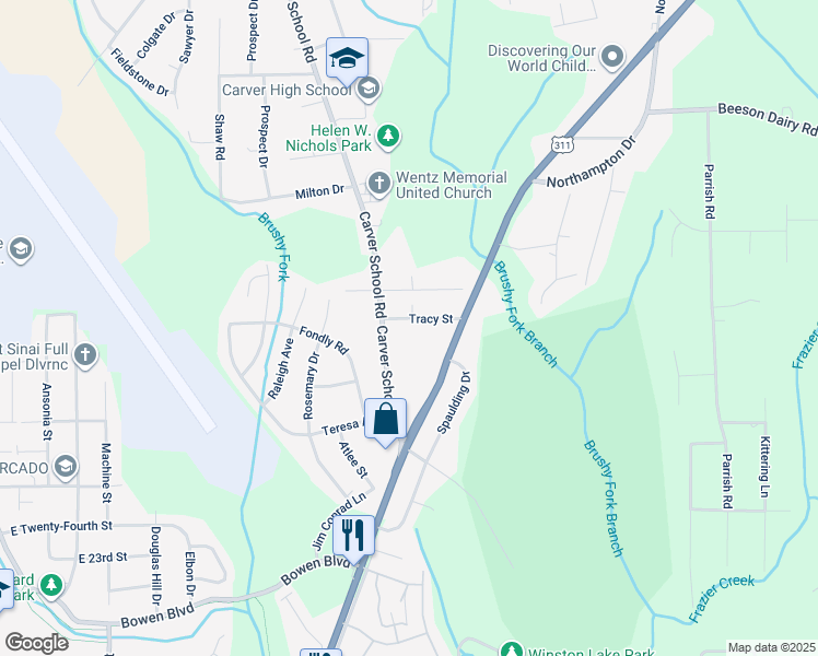 map of restaurants, bars, coffee shops, grocery stores, and more near 3220 Tracy Street in Winston-Salem