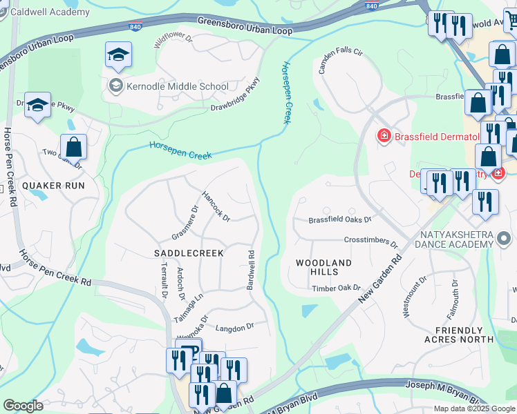 map of restaurants, bars, coffee shops, grocery stores, and more near 3308 Bardwell Road in Greensboro