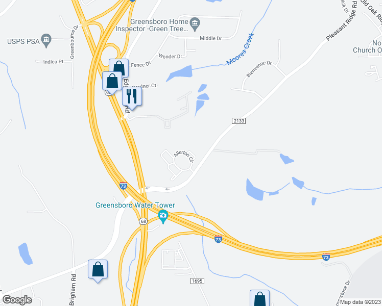 map of restaurants, bars, coffee shops, grocery stores, and more near 3263 Summerlyn Court in Greensboro