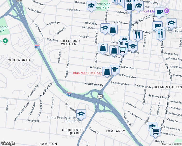 map of restaurants, bars, coffee shops, grocery stores, and more near 2511 West Linden Avenue in Nashville