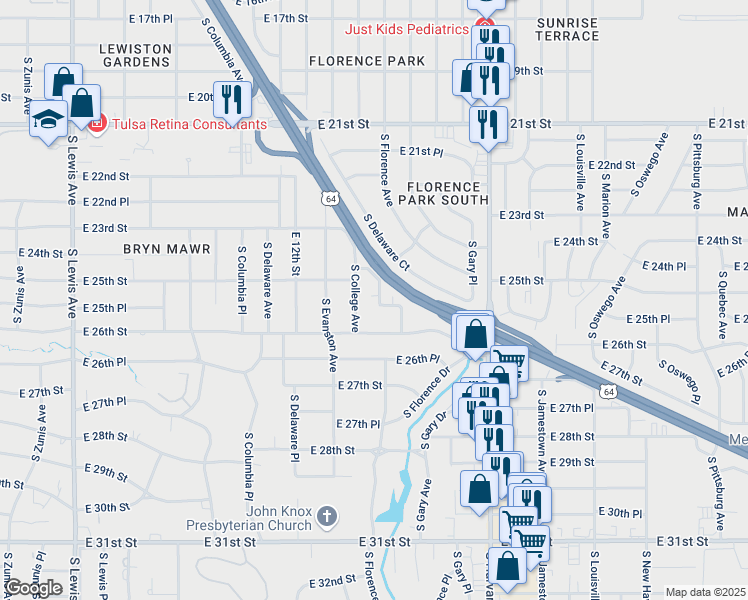 map of restaurants, bars, coffee shops, grocery stores, and more near 2526 South Florence Avenue in Tulsa
