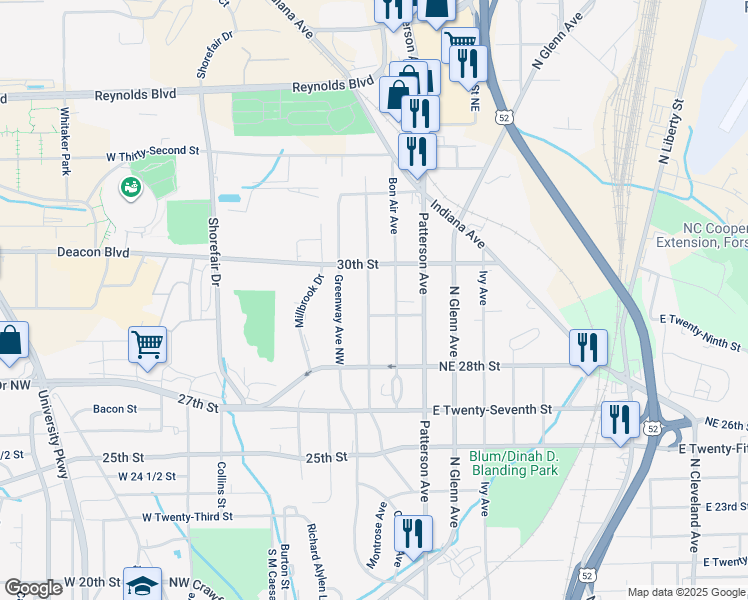 map of restaurants, bars, coffee shops, grocery stores, and more near 2907 Gilmer Avenue Northeast in Winston-Salem